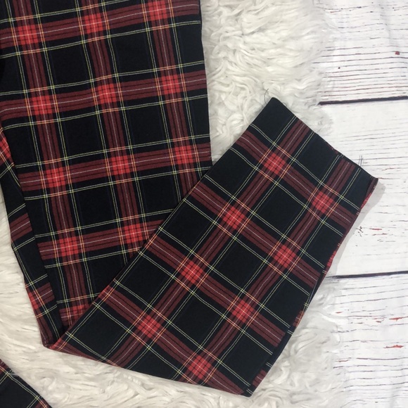 Zara Tartan Plaid Checkered Red High Waisted Elastic Trousers - Picture 5 of 11